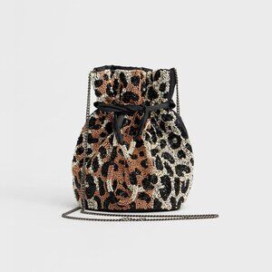 NWT Stradivarius black, off-white, caramel tan beaded bucket bag w/ chain strap